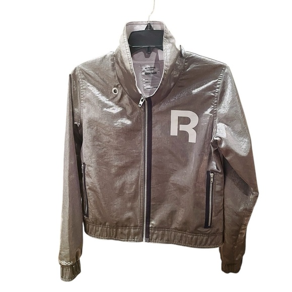 Reebok reflective metallic full zip jacket w/ pockets elastic waist SZ M silver - Picture 1 of 12